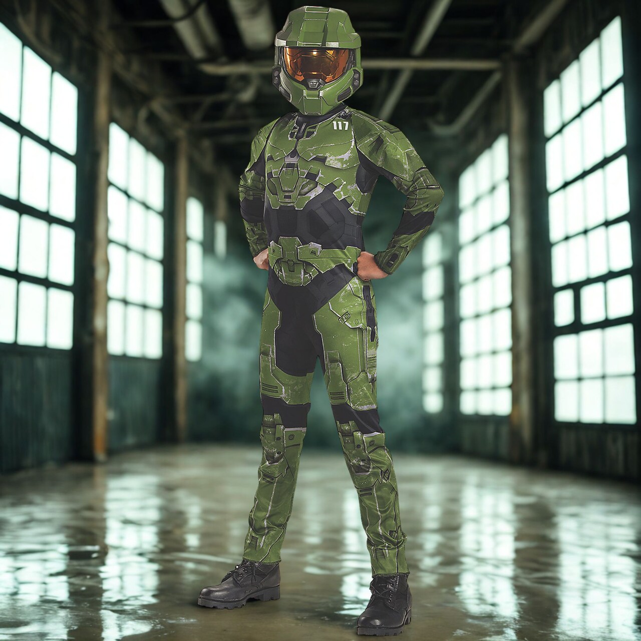 Master Chief Infinite Classic Costume Green Jumpsuit and Half Mask Outfit